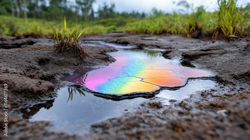 Contaminated Lake Reflecting Colors From PFAS Pollution in a Natural Setting