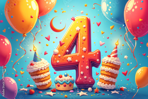 4th birthday card. Colorful and festive birthday celebration, featuring a large number four prominently displayed against a backdrop of balloons and cake.