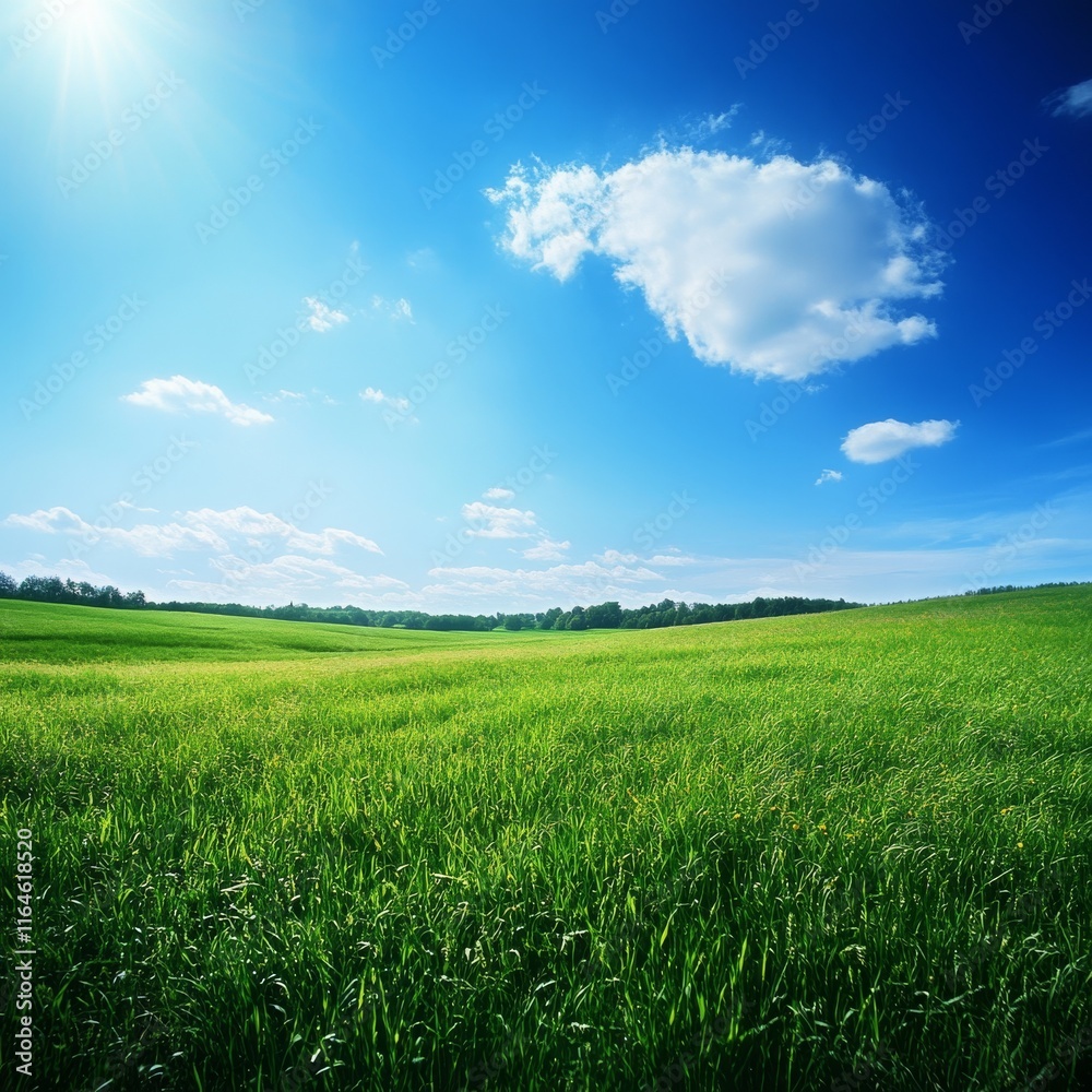 A large field of grass with a blue sky in the background. The sky is clear and sunny A large field of grass with a blue sky in the background. The sky is clear and sunny