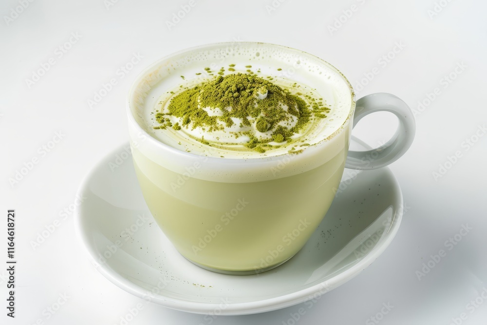 A white cup filled with green powder sits on a white plate. The cup is placed on a table, and the green powder is spread evenly across the surface of the cup A white cup filled with green powder sits on a white plate. The cup is placed on a table, and the green powder is spread evenly across the surface of the cup
