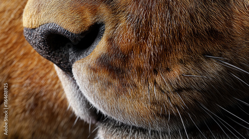 A detailed shot of a lionâs nose and mouth, showcasing the texture of its whiskers and fur. photo