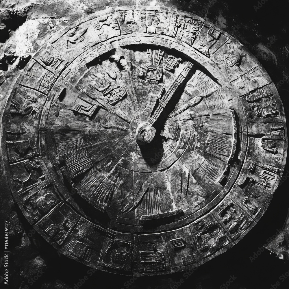 Close-up of ancient stone disc with intricate carvings, resembling a calendar or clock.