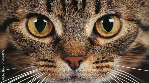 A detailed view of a catâs whiskers and nose, with soft fur and bright, alert eyes in sharp focus. photo