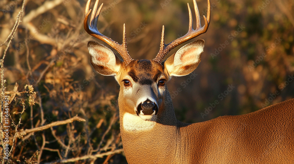 Naklejka premium A close view of a deerâs antlers and gentle eyes, with soft light illuminating its fur.