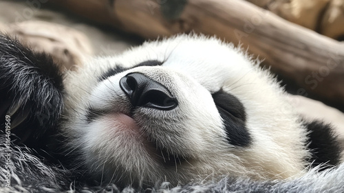 A close-up of a pandaâs face, with its fluffy black-and-white fur and content expression. photo