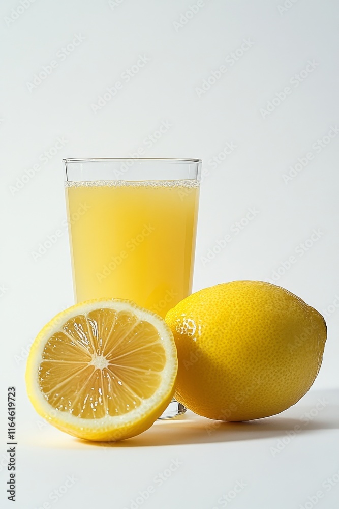Freshly squeezed lemon juice in a glass on a crisp white background. Freshly squeezed lemon juice in a glass on a crisp white background.