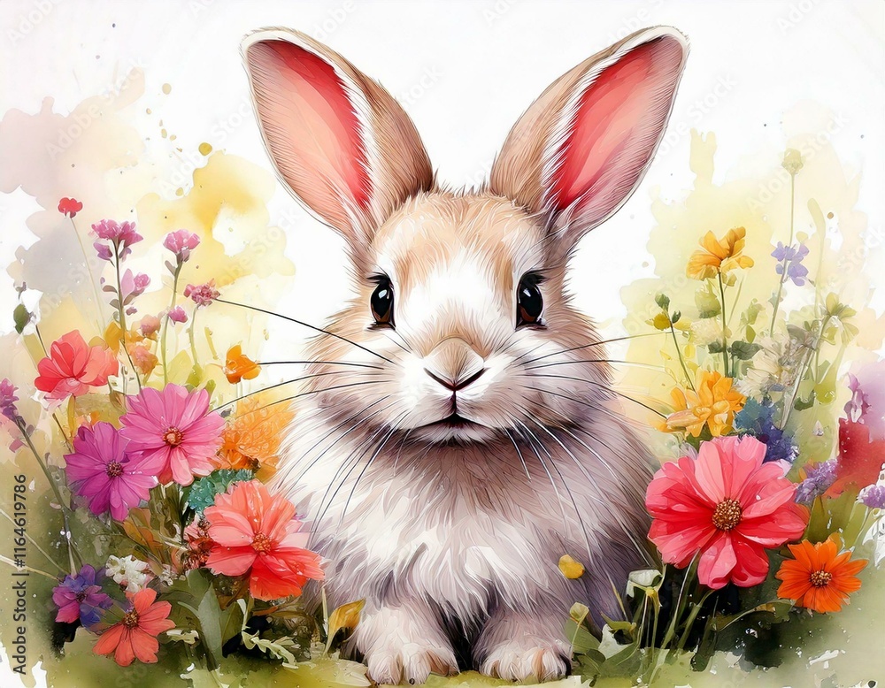 Watercolor illustration of a cute fluffy white rabbit with pink ears in a blank background with colorful flowers Watercolor illustration of a cute fluffy white rabbit with pink ears in a blank background with colorful flowers