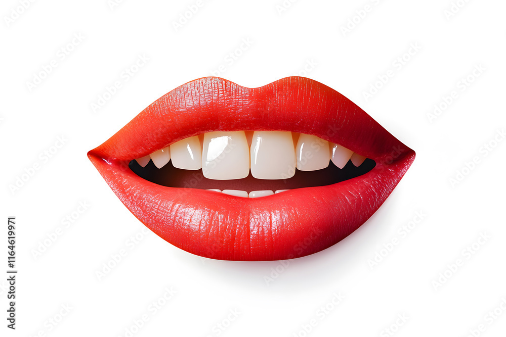 Obraz premium Close up red lips smiling mouth collage element isolated on white background