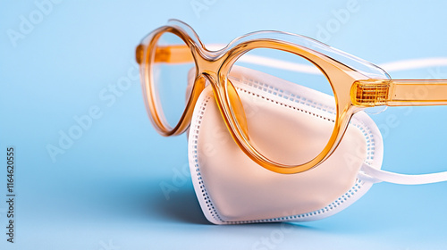 Protective Mask With PFAS Treatment Placed Beside Stylish Glasses on a Light Blue Background photo