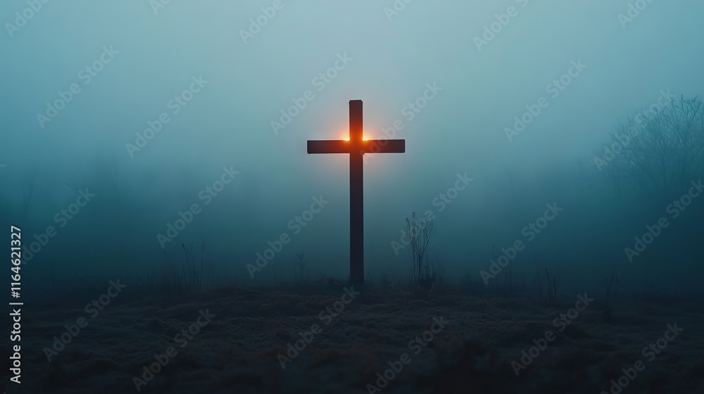 Naklejka premium A solitary cross glows softly in a foggy landscape, creating a serene and mysterious atmosphere at dawn.
