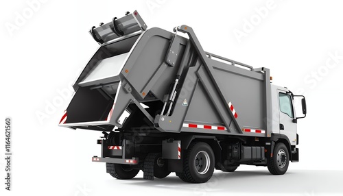 Modern Garbage Truck: Grey Steel Design, Open Hopper, Clean Studio Shot