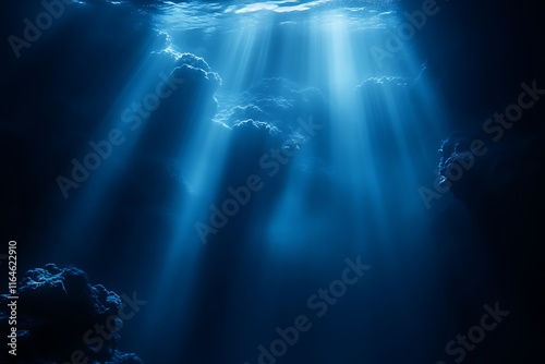 Underwater sunbeams pierce dark ocean depths. photo