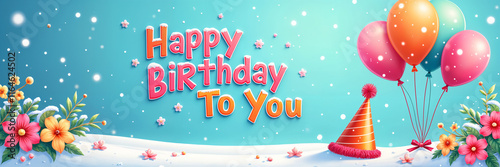 Holiday illustration. Colorful birthday greeting card with the text Happy Birthday To You and balloons, flowers, and snowflakes as decorations.