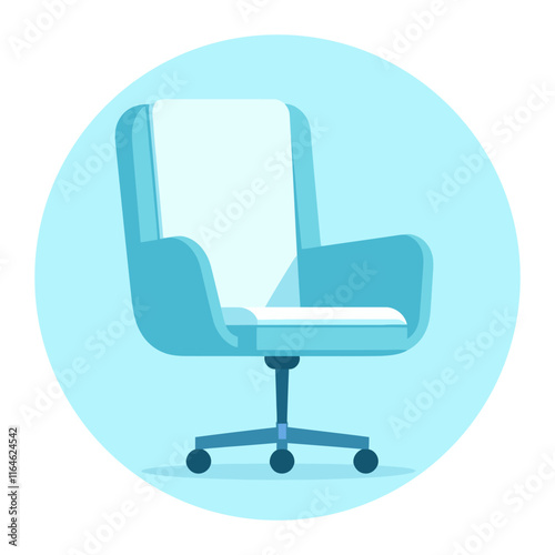 An illustration of an office chair with wheels on a blue background.