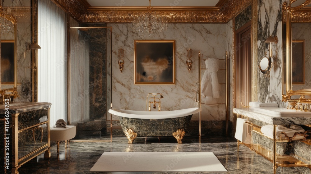 Naklejka premium Luxurious marble bathroom with gold accents, freestanding tub, and large windows.
