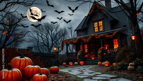 Holiday scene, spookier scene, bats, pumpkins, scary scene, haunted house photo