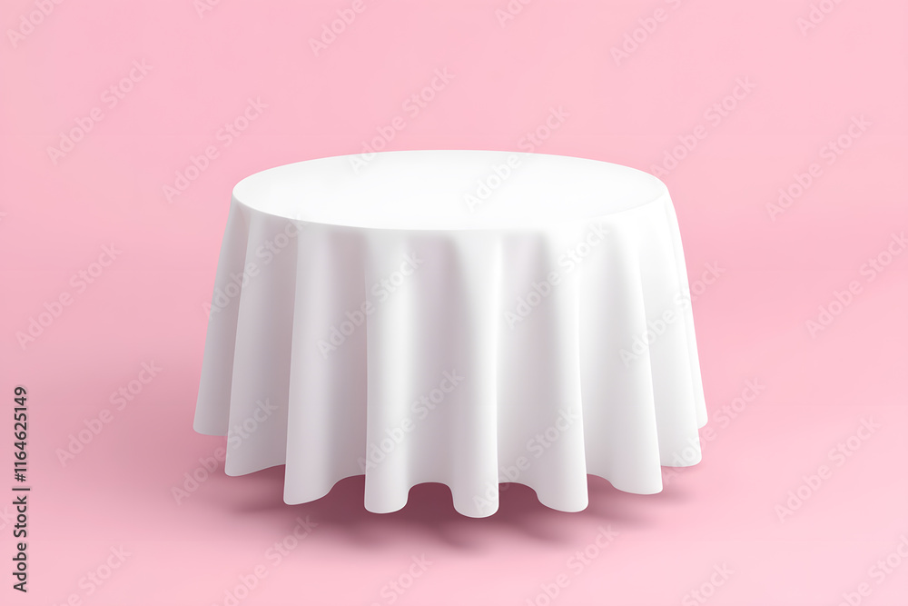Restaurant round table with white folded tablecloth isolated on light pink background Restaurant round table with white folded tablecloth isolated on light pink background