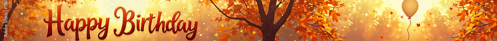 Obraz premium Festive banner. Warm and festive birthday greeting, featuring the text Happy Birthday prominently displayed against a backdrop of autumn leaves and a tree silhouette.