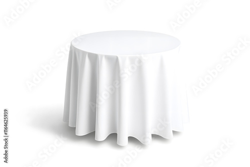  Restaurant round table with white folded tablecloth isolated on white background