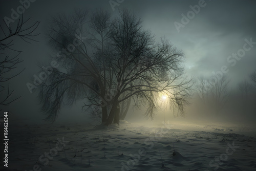 Ethereal Foggy Landscape with Guiding Light Emerging Through Mist, Symbolizing Clarity and Direction in Uncertainty photo