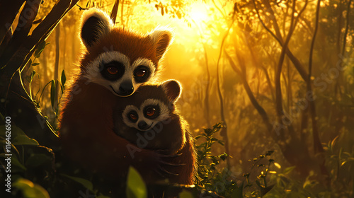 Motherly tenderness in madagascar's dawnlit forest sanctuary. Dawnlit. Illustration