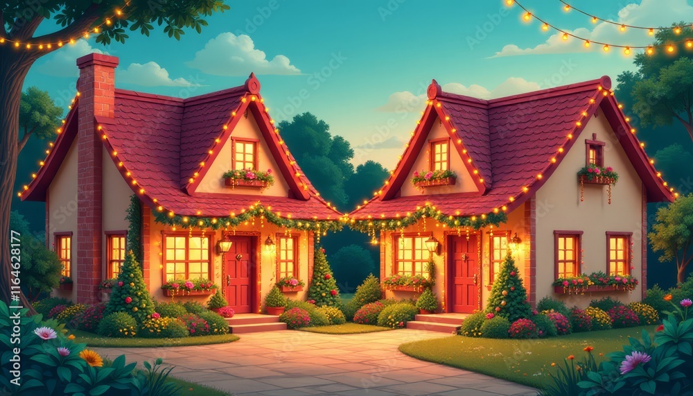 Obraz premium Cozy celebration in a charming neighborhood with illuminated houses and blooming gardens