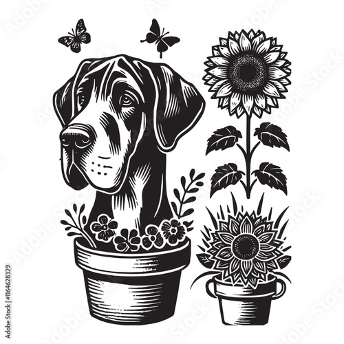 Great Dane dog  In A Flower Pot Design Svg