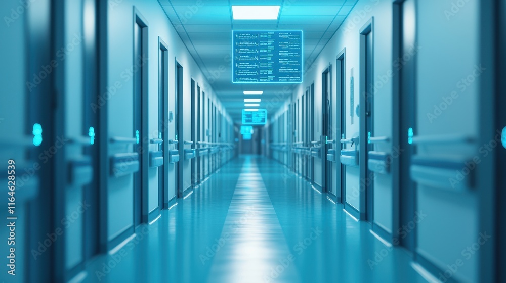 A serene, illuminated corridor in a modern building with digital displays, featuring closed doors and a clean, futuristic ambiance. A serene, illuminated corridor in a modern building with digital displays, featuring closed doors and a clean, futuristic ambiance.