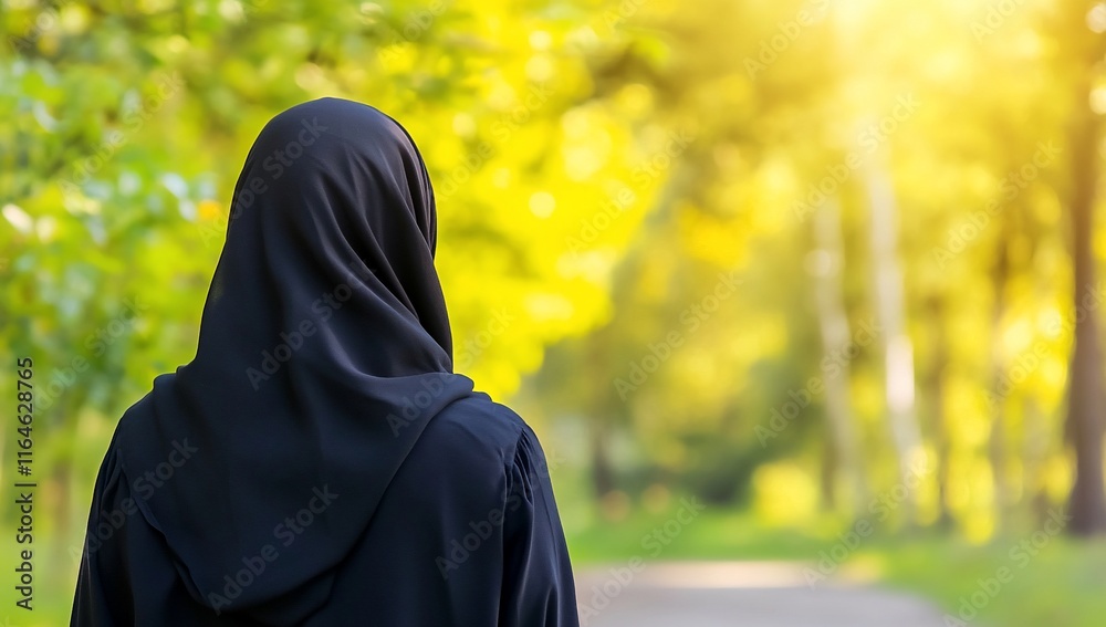 A person in a black hijab stands on a sunlit path in a lush park. A person in a black hijab stands on a sunlit path in a lush park.