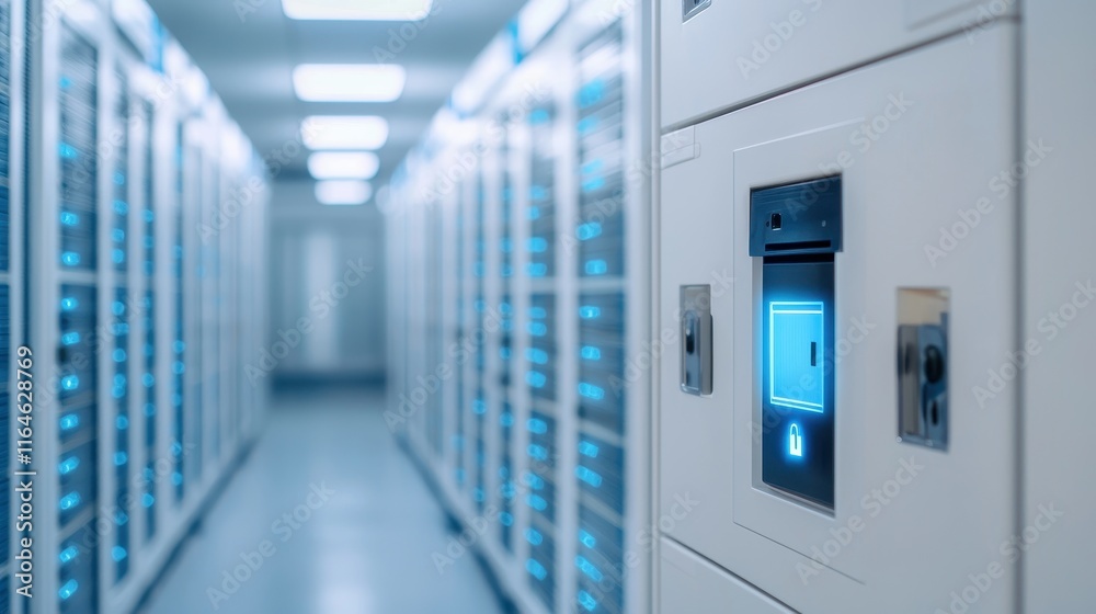 A modern data center hallway featuring rows of server racks, with a focus on a digital lock, illuminated by cool blue lighting. A modern data center hallway featuring rows of server racks, with a focus on a digital lock, illuminated by cool blue lighting.