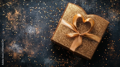 Golden gift or present boxes with golden bows and confetti background. top view.  