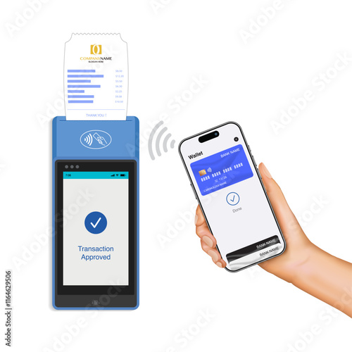 Hand Holding Smartphone for Contactless Payment Solutions: Wireless POS Terminals for Seamless Credit and Debit Transactions - Vector Illustration
