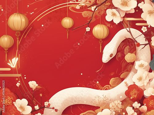 Red Chinese Greeting Background with Lanterns and White Snake, Traditional Chinese Festive Design with Lanterns and Snake, Red Chinese Festival Theme with White Snake and Lanterns, Snake shio, snake y photo