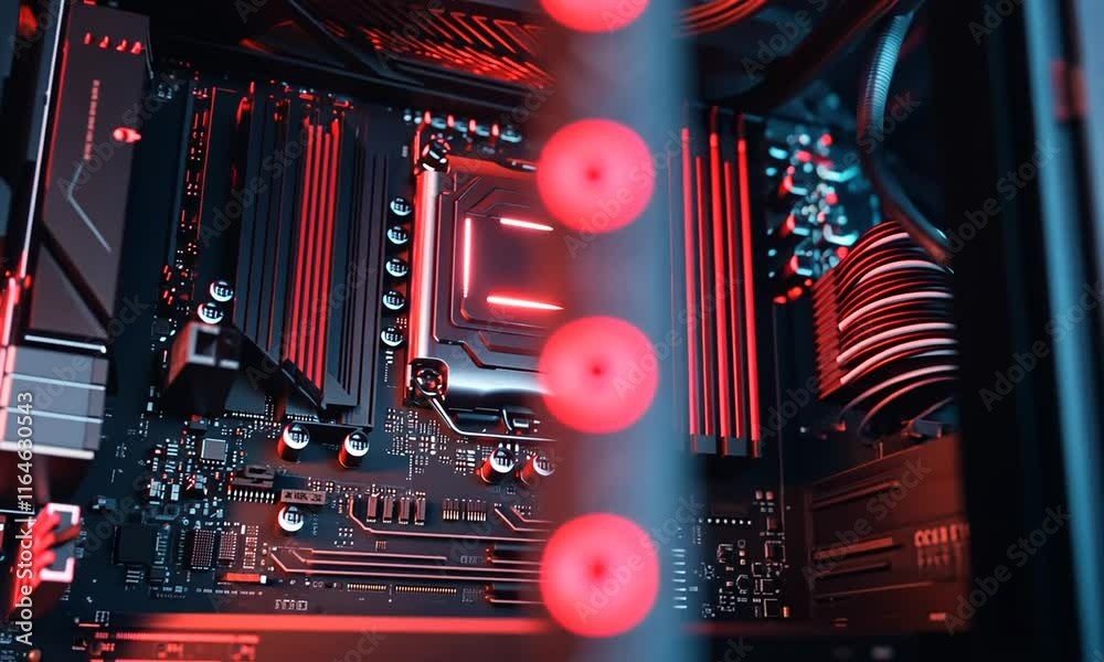Close-up of a computer motherboard with red and blue lighting, showcasing intricate details of the CPU, RAM slots, and other components.