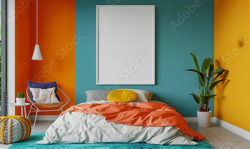 Mockup of three empty frames, modern design, mockup to advertise pictures, bedroom
