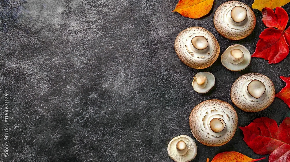 Rustic Autumn Mushrooms with Vibrant Leaves on Dark Slate Texture Rustic Autumn Mushrooms with Vibrant Leaves on Dark Slate Texture