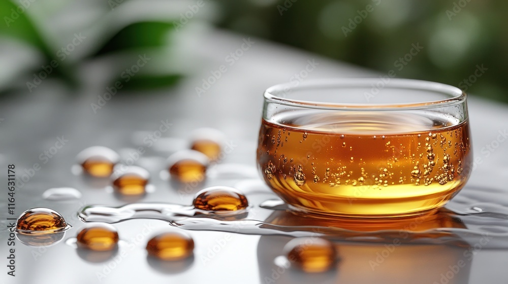 Amber liquid in glass with capsules and water droplets on reflective surface. Amber liquid in glass with capsules and water droplets on reflective surface.