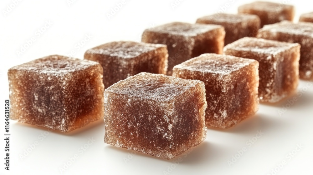 Row of brown, square, translucent jellies on white. Row of brown, square, translucent jellies on white.