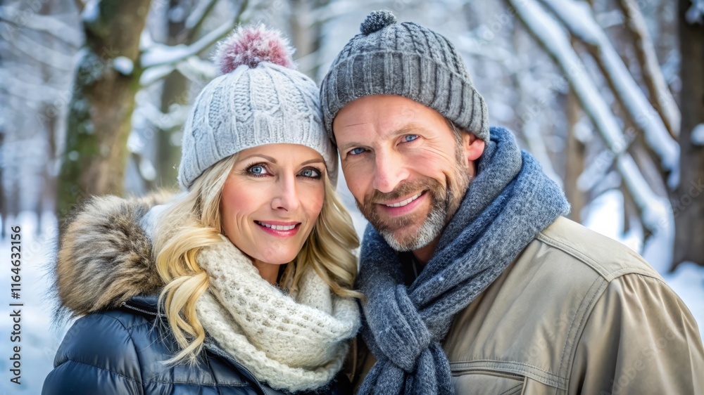 Obraz premium Happy Couple in Winter Clothing Against a Snowy Winter Landscape