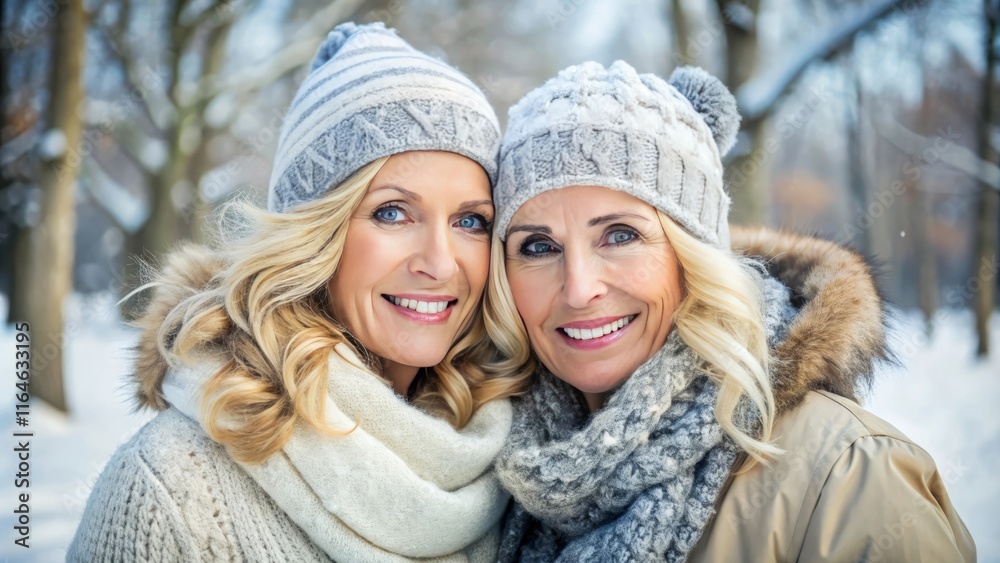 Happy Young Women Couple in Winter Clothing Enjoying a Snowy Winter Landscape, Capturing the Joyful Atmosphere of a Winter Getaway Happy Young Women Couple in Winter Clothing Enjoying a Snowy Winter Landscape, Capturing the Joyful Atmosphere of a Winter Getaway