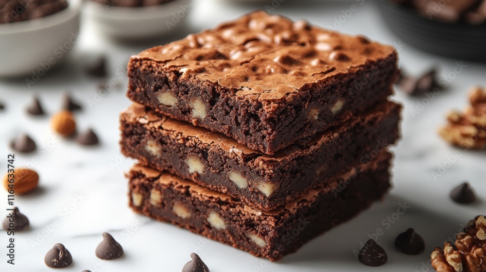 Stack of three delicious chocolate brownies with nuts on marble surface. Stack of three delicious chocolate brownies with nuts on marble surface.