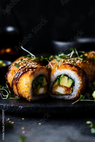 tempura sushi roll, revealing the fresh seafood, avocado, and crunchy tempura coating, placed on a stone platter with microgreens and sesame garnish.