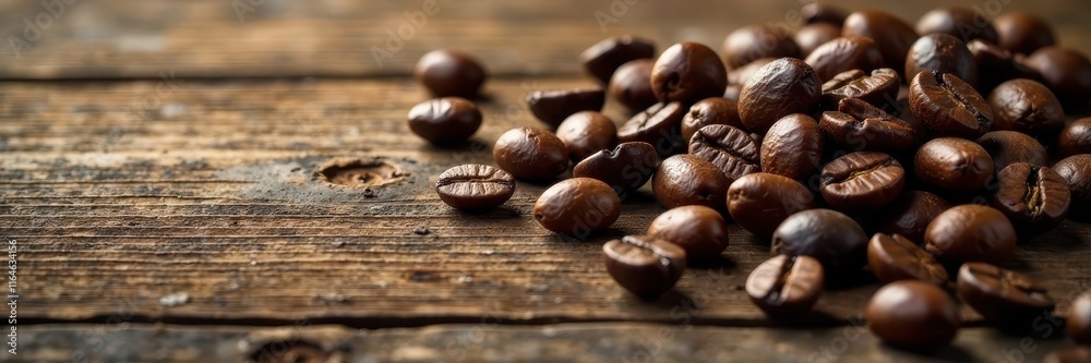 Dark roasted coffee beans scattered on aged oak wood , aroma, roasted, vintage background Dark roasted coffee beans scattered on aged oak wood , aroma, roasted, vintage background