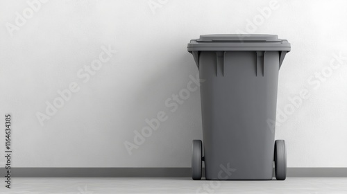 Plastic garbage bin standing in an empty room against a white wall, concept of waste management and cleanliness