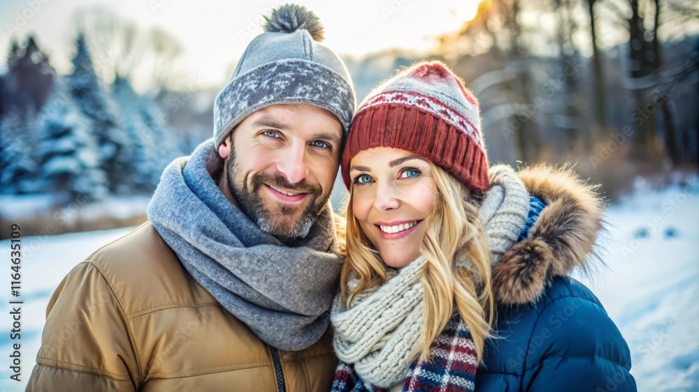 Happy Couple in Winter Clothing Against a Snowy Winter Landscape Happy Couple in Winter Clothing Against a Snowy Winter Landscape