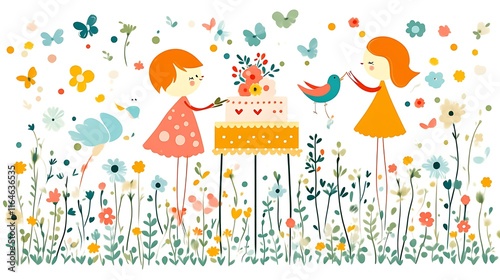 Two girls celebrating with cake in a flower garden.