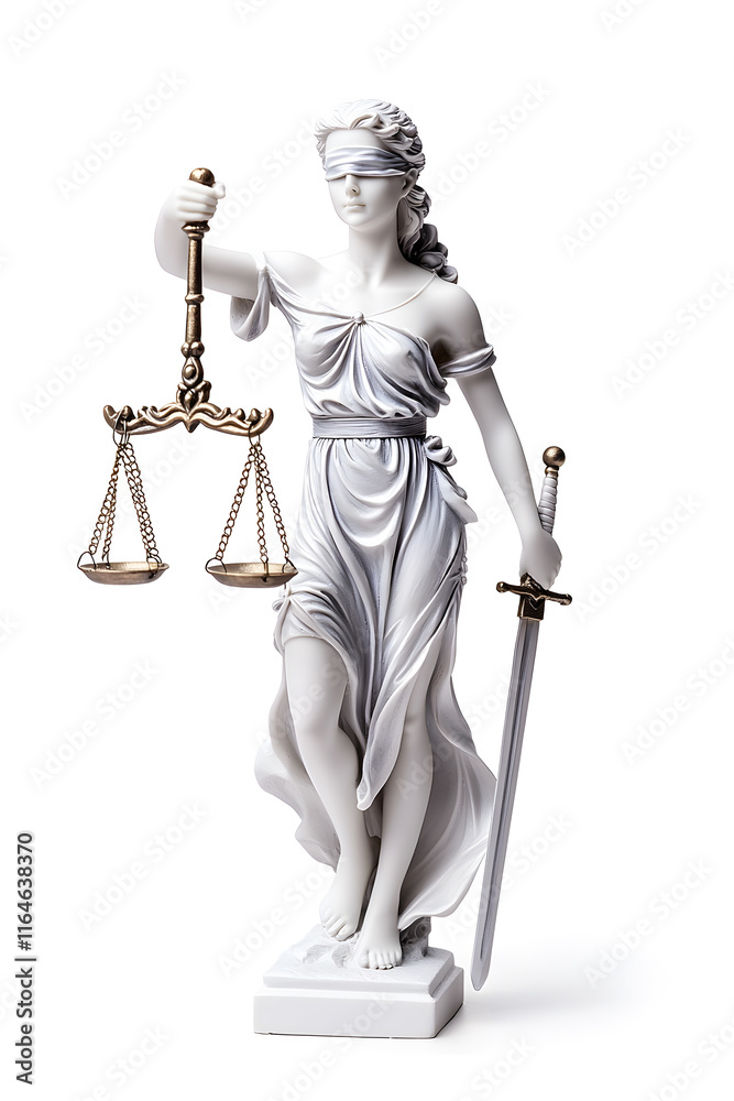 Obraz premium A statue of Lady Justice holding scales and a sword isolated on white