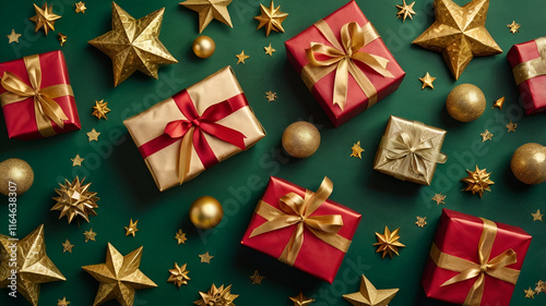 Beautifully wrapped New Year's gifts stacked together, featuring colorful paper, shimmering bows, and festive tags.