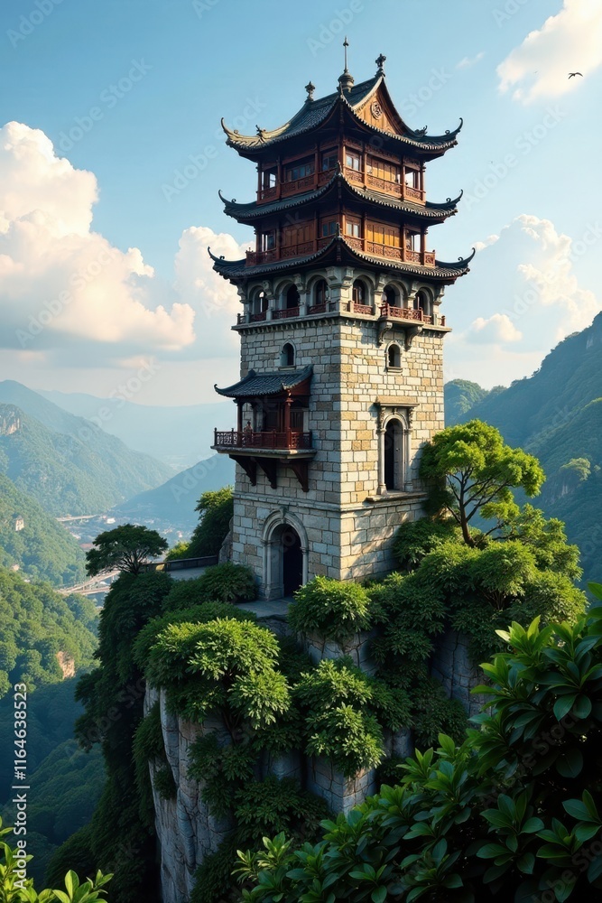 Towering structure made of stone and wood, blending into Hanoi's historic landscape, surrounded by lush greenery, Hanoi Hoan Kiem lake, Architectural details, Vietnam