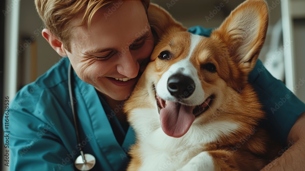 A cheerful young man in a blue uniform with a stethoscope hugs a joyful corgi, capturing a moment of warmth and companionship in a veterinary setting. A cheerful young man in a blue uniform with a stethoscope hugs a joyful corgi, capturing a moment of warmth and companionship in a veterinary setting.
